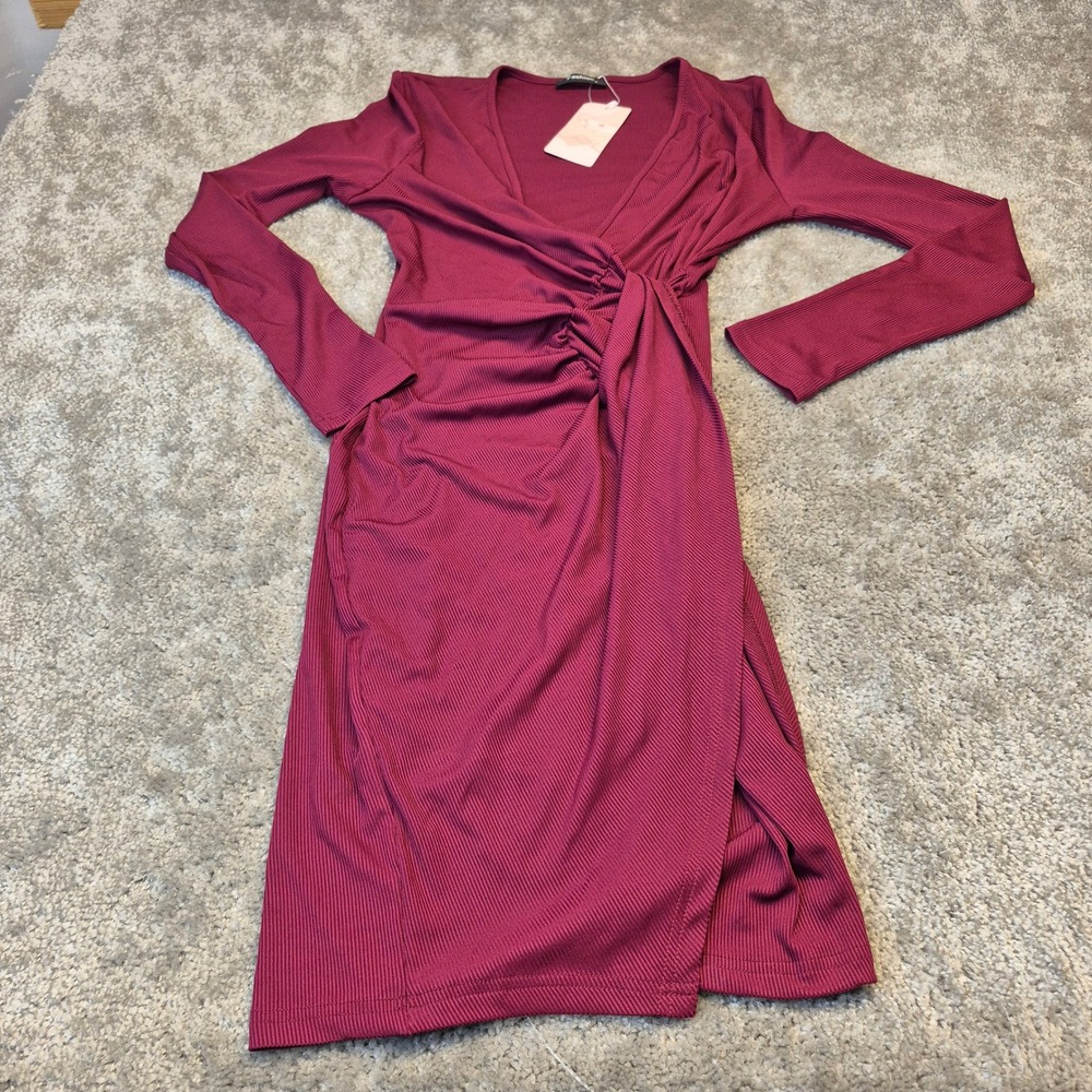 Fashion Burgundy Ribbed Long Sleeve Wrap Ruched Bodycon Dress Size S New